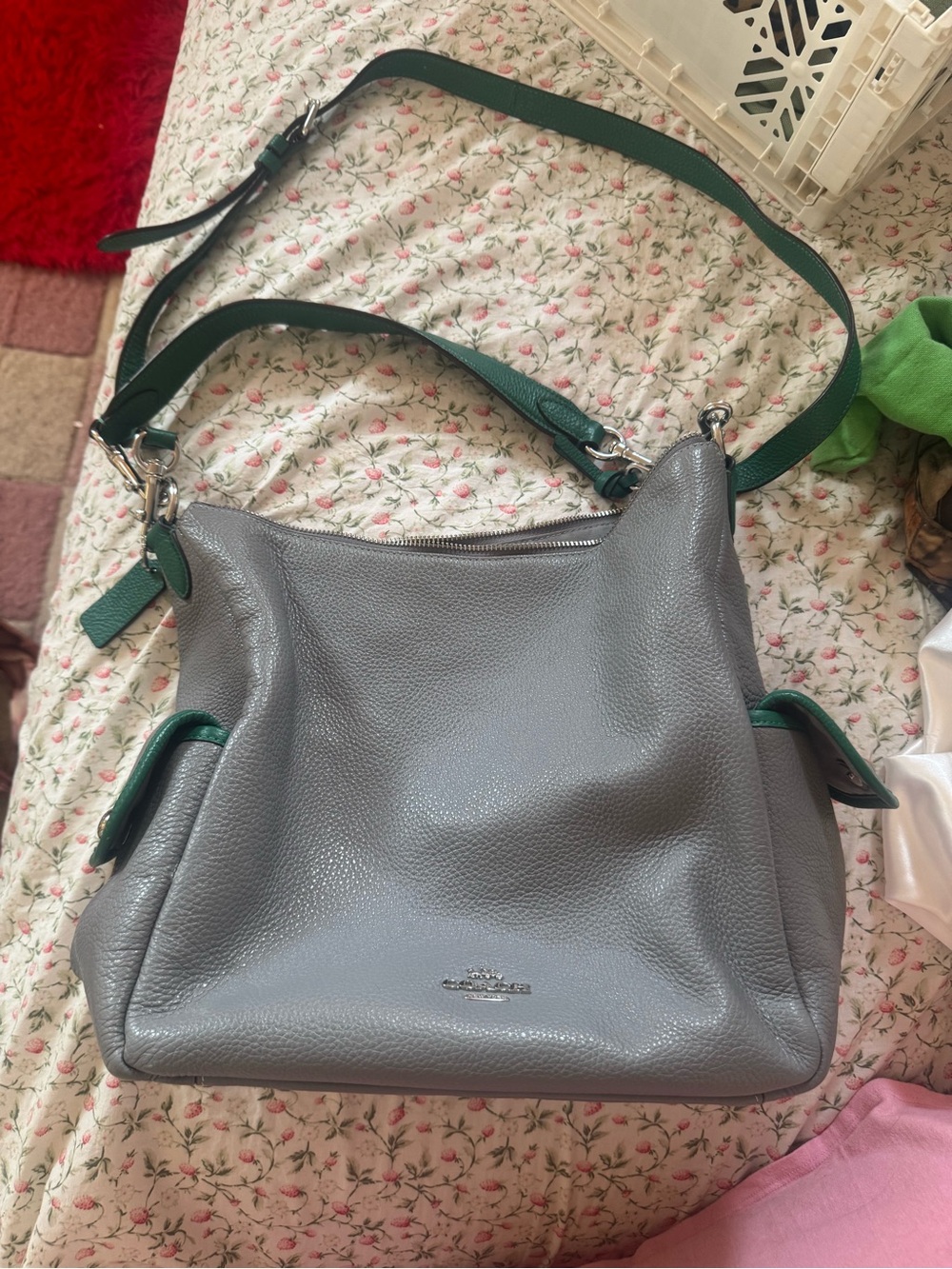 Coach Pebbled Leather Pennie Shoulder Bag in Gray with Green Straps